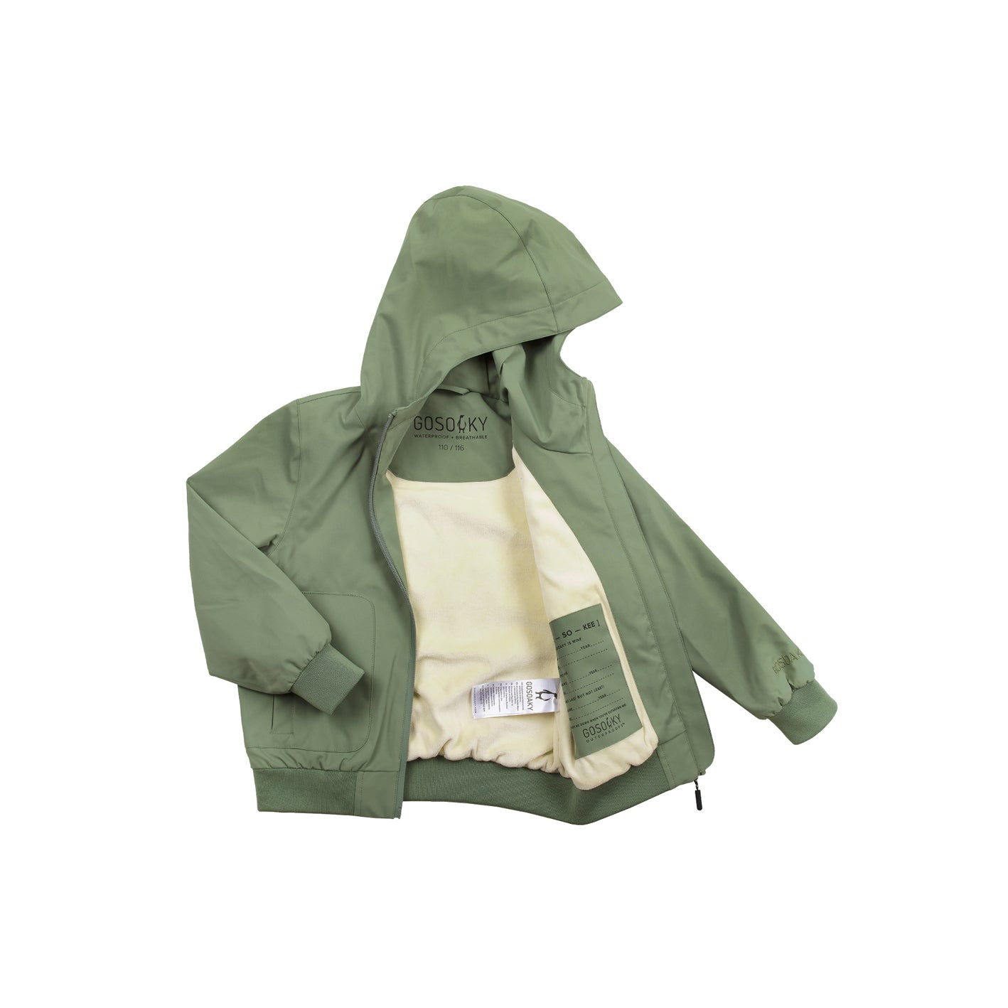 Kid wearing GOSOAKY BLUE BIRD Waterproof Jacket color oil green - from Outerwear collection of Spring / Summer 2026