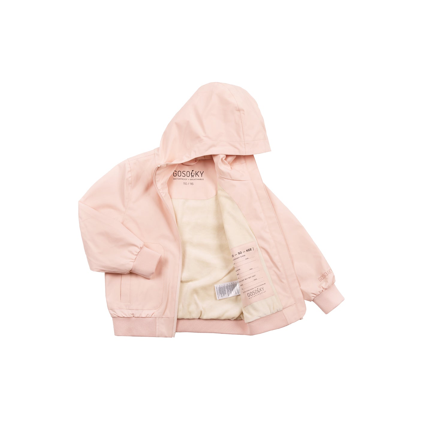 Kid wearing GOSOAKY BLUE BIRD Waterproof Jacket color pearl blush pink - from Outerwear collection of Spring / Summer 2026