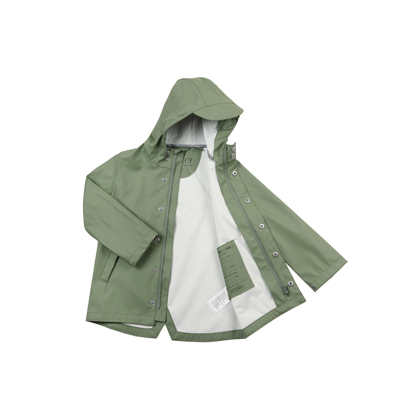 Kid wearing GOSOAKY ELEPHANT MAN Raincoat color oil green - from Rainwear collection of Spring / Summer 2026