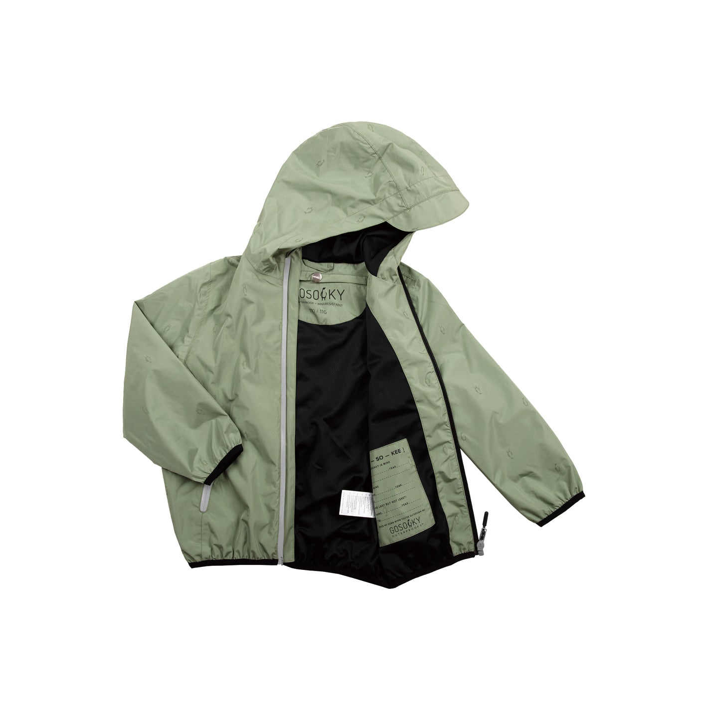 Kid wearing GOSOAKY HAPPY HORSE Stowable Waterproof Jacket color oil green - from Outerwear collection of Spring / Summer 2026